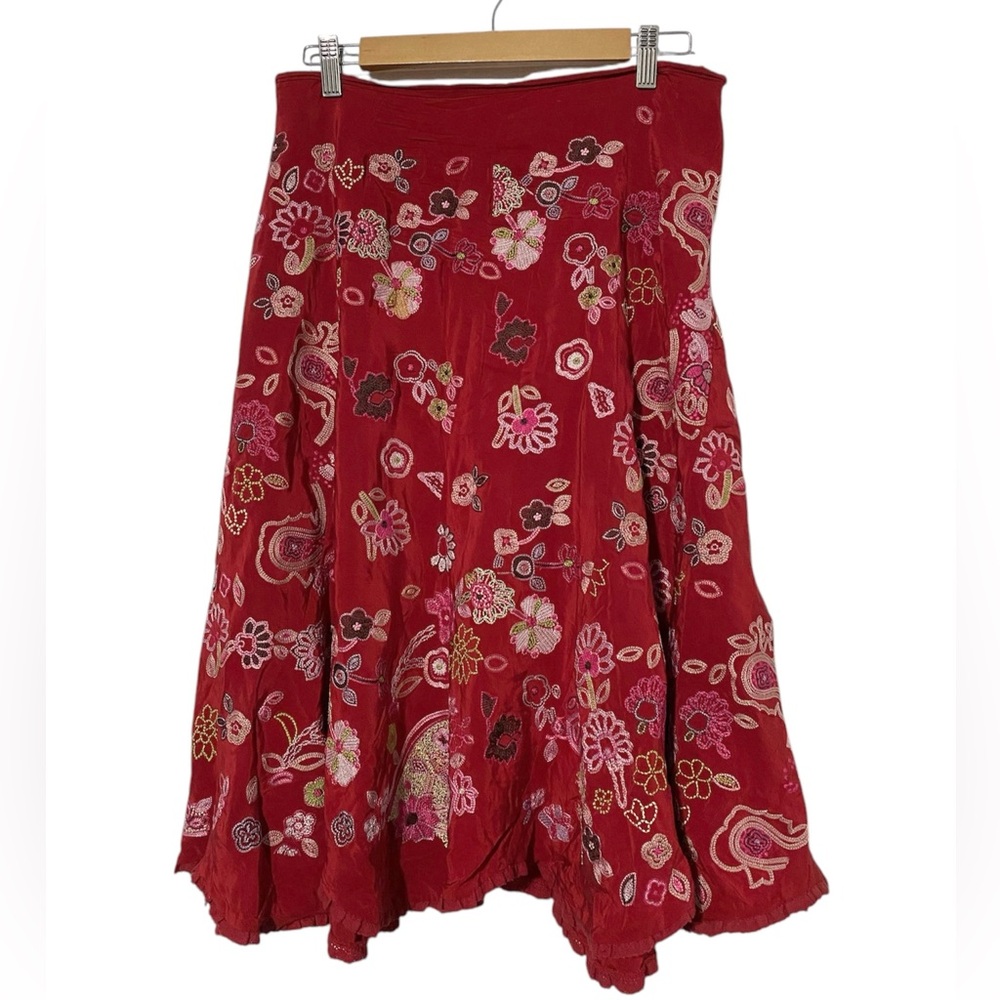 Dizzy Lizzie Red 100% Silk Floral Embroidered Skirt